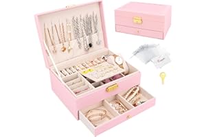 CASIWAFT Jewellery Box, Jewellery Organiser with Drawer, 2 Layers Leather Jewellery Storage Box with Lock, Jewellery Storage Case for Necklaces Earrings Bracelets and Rings, Pink