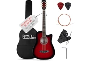 Rocktile WSD-5C-RDB Slim Line Set de Guitares Western - Guitare Acoustique Dreadnought - Corps en Tilleul - Manche : Catalpa - Set incluant housse, cordes de rechange, sangle et médiators - Redburst