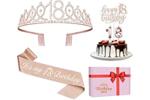 AMOSKING Dekoration zum 18. Geburtstag für Mädchen, einschließlich Schärpe , Krone/Tiara, Kerzen, Kuchenaufsätze, Party-Dekorationen, 18 Geburtstagsdekorationen für Mädchen