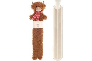 E&A DISTRIBUTION LIMITED Hot Water Bottle Long with Cover 2 Litre - Fluffy Faux Fur Fleece Cover Durable Winter Warm - Natural Rubber- Pain Relief Therapy Waist & Neck Hot Water Bottle Adults and Kids (Highland Cow)