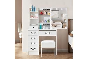 SAIHEMEI Dressing Table with Mirror and Charging Station, 3 Color Modes Vanity Set adjustable with 6 Drawers and Storage Shelves, Girls Dressing Table with Cushioned Stool for Bedroom