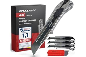 HASKYY zestaw 4 noży do cięcia dywanów z 20 ostrzami ze stali wysokowęglowej SK5 18 mm, ergonomiczny uchwyt antypoślizgowy, łamacz ostrzy, funkcja blokady