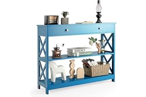 COSTWAY 3-poziomowy stół konsolowy, stół do przedpokoju z szufladą i 2 półkami z drewna, stolik pomocniczy z nogami w kształcie litery X, do wejścia, salonu, sypialni, 100 x 30 x 80 cm, obciążenie 95