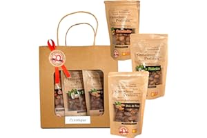 LES PRALINES À L'ANCIENNE Pralines à l’Ancienne - Coffret Cadeau Pralines « L’exotique » - Chouchous Friandises Artisanales - 3 Sachets cadeau - Cacahuètes, Pistaches, Noix de Pécan - Fabriquées en France