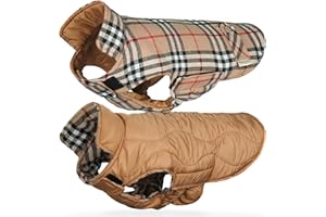VIVAGLORY Softjoy Dog Coat, Coat & Jacket for Dog Winter & Christmas, Jacket with Harness Hole, Reversible Plaid Checkered Warm Fluffy Heavy Duty, S, Khaki