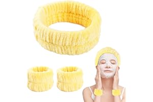 Bighan Spa Diadema para Mujer con Pulseras de Lavado, Faciales de Spa para Maquillaje y Lavar Cara Banda Facial de Cabeza para Spa Yoga Ducha Envoltura Elástica para Cabeza para Niña Mujer - Amarillo