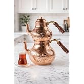 DMT COPPER El İşlemeli Bakır &Ccedil;aydanlık Takımı, Geleneksel T&uuml;rk &Ccedil;ift Demlik Seti, Kalay Kaplı, 0.9L ve 1.8L, Keski Modeli