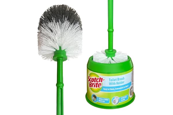 Scotch-Brite Round Toilet Brush with container, thick and tough bristles, long handle, cleans inside the rim, Easy to hang, hygienic to store (Pack Of 1)