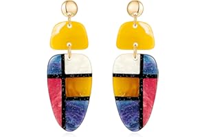 LILIE&WHITE Boucles d'oreilles géométriques bleues en résine bohémienne à carreaux bohémiens multicolores en forme de goutte marbrée plaqué or bohème pour femmes rétro
