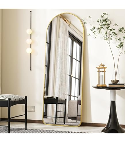 OWLKELA 140 x 50 cm Standing Mirror, Full Body Mirror - Round Corner with Black Frame, Freestanding or Hanging Mirror, Dressing Mirror, Bedroom