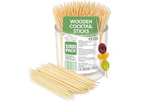 DELAHUNT CATERING SUPPLIES 3-Inch (8cm) Wooden Cocktail Sticks, Toothpicks [1000 Pack] - Double-Pointed FSC-Certified Birchwood Tooth Picks | Compostable, Splinter-Free Mini Skewers for Cocktails, Garnishes, Party Food & Drinks