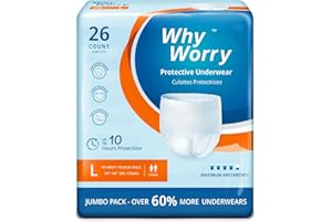 WhyWorry Culottes Incontinence pour Homme et Femme, Couche Culotte Adultes pour Fuites Urinaires, Slips Absorbants Jetables, Contrôle des Odeurs, Anti-fuites, Unisexe, Taille L, 26 Unités
