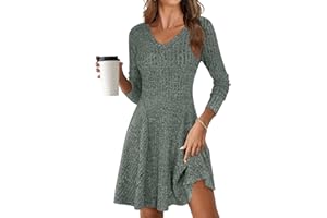 ROFUSSO Abito a Maniche Lunghe in Maglia da Donna Abito Autunnale in Maglia con Scollo a V Elegante Abito Midi in Maglia Abito Casual al Ginocchio con Linea ad A Abito Invernale