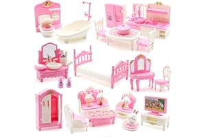 SEKEPINGO 36Pcs Dollhouse Furniture Set Miniature Accessories Pretend Play Furniture for Dolls House 1:12 Scale Bathroom Bedroom Living Room Kitchen Furniture with Bunny for Kids Birthday Christmas(PINK)