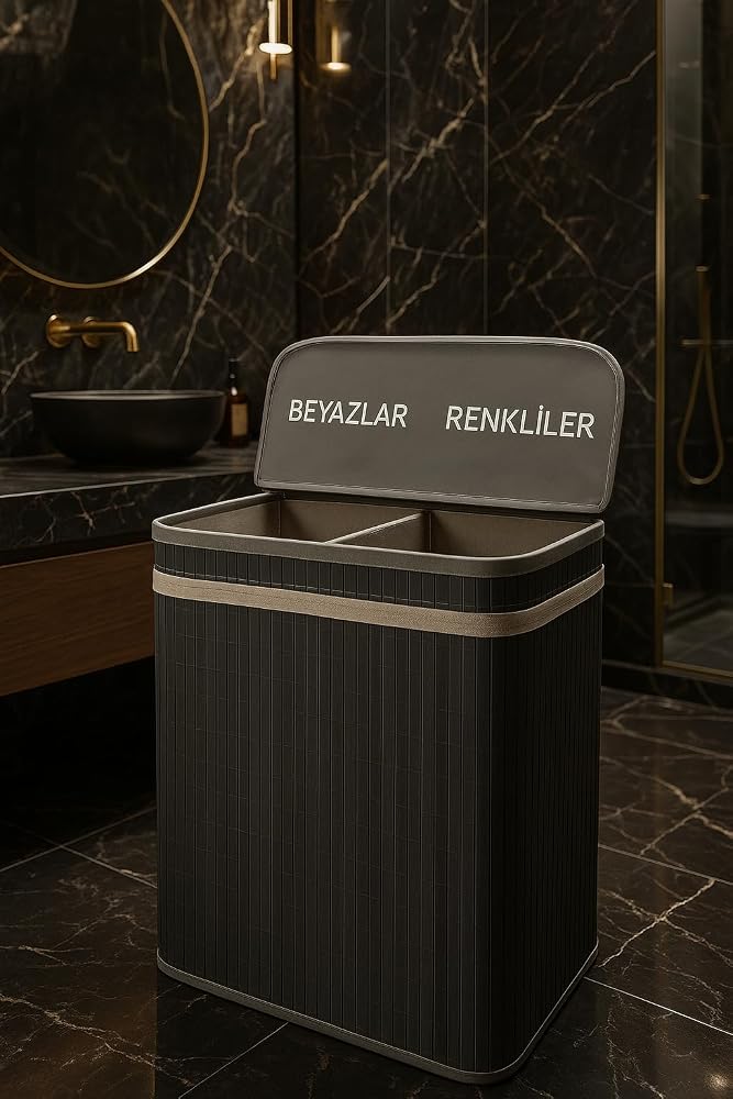 Modern Bambu Beyazlar/renkliler Ayrı Bölmeli Çamaşır Kirli Sepeti 52X32X60CM 100 Litre Büyük Boy (Antrasit)