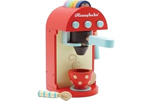 Le Toy Van - TV299 - Gioco educativo macchina del caffè giocattolo in legno FSC, 3 anni, include 5 cialde, 1 tazzina, 1 cucchiaino, con braccio estraibile, realistica, gioco Montessori