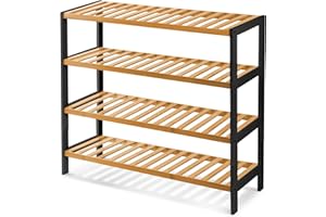KEPLIN 4 Tier Natural Bamboo Shoe Rack Easy Assembly & Strong Design Stand Shelf Organiser Ideal for Corridor,Bedroom,Bathroom,Hallway & Small Spaces Large Capacity (4 Tier, Black/Natural)