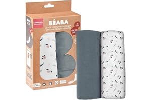 BÉABA, Lot de 2 Langes Bébé, Mousseline de Coton Biologique, Multi-usages : Couverture emmaillotage, Bavoir, Couverture nomade, Doudou, Ultra doux, Respirant,120cm, Ecologique et Sain, Gris/Flore