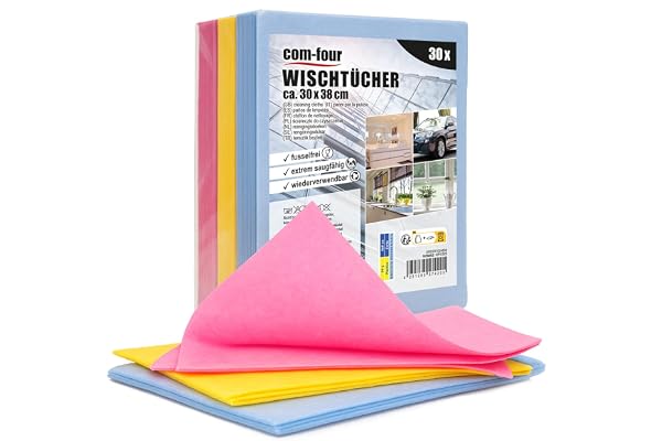 com-four® 30x Chiffons ménagers - Chiffons de Nettoyage extrêmement absorbants et durables en Viscose - lingettes Multi-usages en 3 Couleurs - réutilisables (30x38-30 pièces - 3 Couleurs)