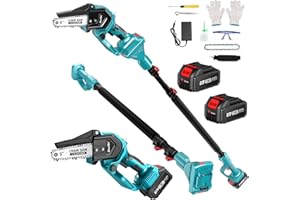 Mini Piła Łańcuchowa z Akumulatorowym Silnikiem Bezszczotkowym 2x4000 mAh, Seesii 2 w 1 Akumulatorowa Podkaszarka do Wysięgników, 2 Łańcuchy, z Teleskopowym Uchwytem o Wysokości do 4,57 m