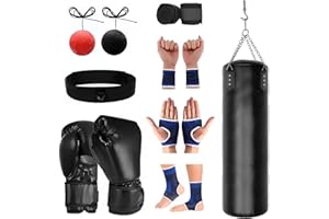 Lnopever Sacco da Boxe Appeso,120 cm Non Riempito Sacco da Boxe con Guanti da Boxe e Accessori,Sacco da boxe sospeso e sacco boxe Non Riempito,ganci, per MMA, Muay Thai, Karate