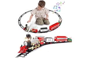 Fulluky Juguete de tren eléctrico, juguete de tren de vapor con humo, luz y sonido, kits ferroviarios, locomotora, vagones de carbón y rieles, clásico juego de tren de Navidad para niños a partir de 3
