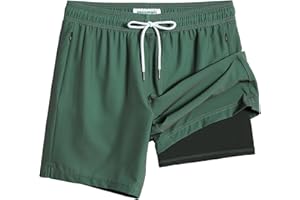 MaaMgic 7" Mens Swim Shorts with Compression Liner 4-Way Stretch Bathing Suit Swimming Shorts with Pockets