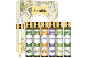Aoruilia 6 x 10ml Essential Oils for Diffuser for Home, 100% Pure Aromatherapy Oil for Sleep, Cleaning, Skin Care, Candle Making - Tea Tree, Lavender, Peppermint, Sweet Orange, Lemongrass, Eucalyptus