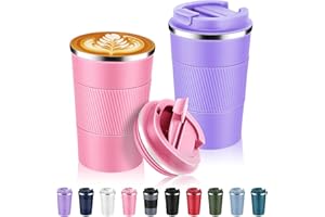 Volhoply Lot de 2 tasses à café de voyage isothermes en acier inoxydable de 390 ml avec couvercle à rabat – Tasse à café réutilisable à double paroi sous vide en métal – Gobelet thermique étanche pour