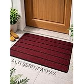 Beylini Şerit Desenli Kapı &Ouml;n&uuml; Paspası Kaymaz taban Dayanıklı Su Ge&ccedil;irmez Emici Nem Toz UV Dayanıklı 45x70cm (Bordo)