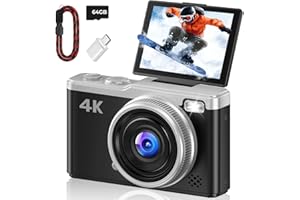 4K Digitalkamera - Maxmango 64MP Autofokus Kamera Fotokamera mit 180° Klappbarer Bildschirm - 2,4 Zoll Vlogging Kompaktkamera mit 64GB Karte - 16X Zoom für Jugendliche Einsteiger - Schwarz