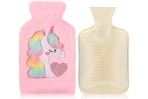 YNREDEE Hot Water Bottle with Cover,Removeable & Washable Soft Unicorn Plush Bottle Cover Warm in Winter,Natural Rubber 1 L for Neck,Waist,Back,Legs,Shoulder (Pink)