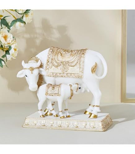 Sri Krishna Culture - Murti Mucca Gau Mata In Polyresin - Idolo Sacro 16,5 Cm Per Tempio Casa