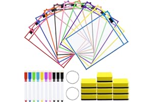 ‎MEETORY Meetory 10 PVC Dry Erase Taschen, 10 Farben Abwischbare Durchsichtige Tasche mit 10 Stifthalter, 10 Radiergummi und 2 Metallösen, Lern und Sammeltaschen für Lehrer Zubehör(35.3 x 26.3cm)