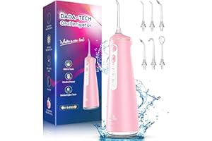 DADA-TECH Irrigador Dental Portátil Irrigador Bucal Water Flosser con 7 Boquillas 4 Modos DIY IPX7 Impermeable 300 ML USB-Recargable Limpieza Dental Para el Hogar y los Viajes (rosa)