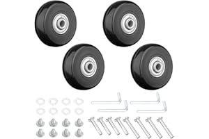 Jortmrd 4 koła bagażowe, koła zapasowe, 45 mm x 18 mm, koła zapasowe do walizki, gumowe kółka, zestaw naprawczy ze śrubami i kluczem, 4 szt, Czarny, Centralna twarda strona