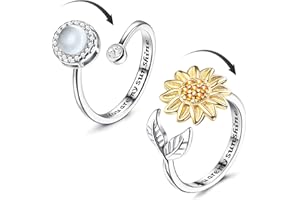 Adramata 2Pcs Argent Anti Stress Bagues pour Femme Tournesol Spinner Bague Ajustement Bague Anxiété Pierre de Lune Bague Anxiété Réglable Ouverts Fidget Bague pour Femme Anti Stress