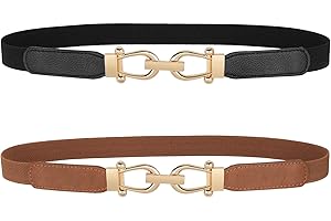 JASGOOD Women Skinny Elastic Belt for Dresses,Thin Retro Stretch Waist Belt with Golden Buckle 2 Pack