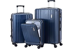 TydeCkare 3 Piezas 20/24/28" Equipaje, 20" con Bolsillo Frontal para Computadora Portátil & 24/28" con Expandible, ABS + PC Equipaje con TSA, Azul Oscuro