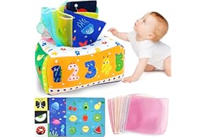 Alviller Magic Baby Tissue Box Toy, Toddler Montessori Toys Set with Crinkle Tissue Papers Colorful Square Scarves Wrist Rattle Newborns Sensory Toy for Boys Girls Babies 6-12 Months (Number/Letters)