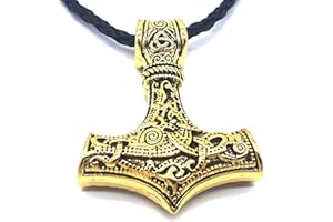 AB Viking Crafts Vikings Wikinger Anhänger Mjölnir Thors Hammer Metall goldfarben mit Lederhalsband im Schmuckbeutel