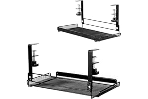Baskiss Under Desk Cable Management Tray 2 Packs, Clamp Mount System 14.2" Under Desk Cord Organizer for Wire Management, Metal Mesh Cable Holder for Desks, Offices and Kitchens