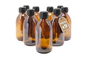 LG Luxury & Grace Set 9 Bottiglie in Vetro, 250 ml. Flaconi in Vetro Ambrato. Tappo a Vite e Chiusura Ermetica. Bottiglie Ricaricabili. Dosaggio e Conservazione delle Sostanze Liquide.