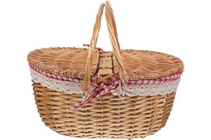 Happyyami Cestino da Picnic in Intrecciato con Doppia Maniglia e Coperchio Rustico e Durevole per Picnic all Aperto Feste e Conservazione di Frutta e Snack