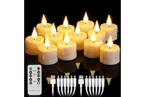 ‎YUNSHENG yunsheng 12 Stück Wiederaufladbare Teelichter mit Fernbedienung und 4/6H Timer, Aufladbar Flammenlose Flackernde LED Kerzen mit 2 Stück USB-Kabel, 3D-Silikon Docht, Warmweißes Licht für Hause Deko