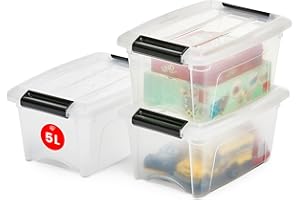 Iris Ohyama 3 Cajas de almacenamiento con tapas, 5L, Transparente, Clips de Cierre, Duradero, Apilable, para Dormitorio, Armario, Oficina, Organizadora, Ropa y Zapados, Libre de BPA, NTB-5
