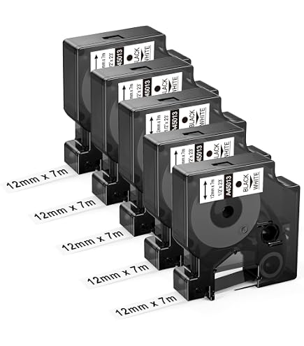 DYMO Lot De 5 Rubans Laminés D1 45021 Blanc 12mm Noir - LabelManager Compatible