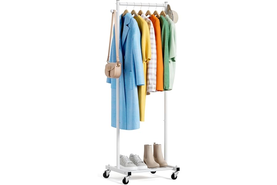MISSLO Small Clothes Rack Heavy Duty Clothes Rail on Wheels 60" Metal Clothing Rack with Shelves Portable Freestanding Rolling Garment Rack for Small Space, White