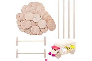 OLYCRAFT 52pcs Wooden Wheels with 26Pcs Wood Sticks 5cm Diameter Unfinshed Wooden Wheel Small Wood Wheels with Woods Sticks Flat Woods Craft Wheel for DIY Cars Crafting Projects