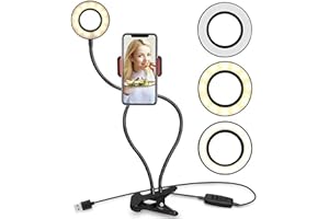 OXYN Braccio Selfie USB Flessibile con Anello Ring Led Lampada Regolabile per Vlogging Video Clip Supporto da Tavolo Pinza Multifunzione Staffa Spettacolo 3 Effetti Luce per Cellulare Smartphone